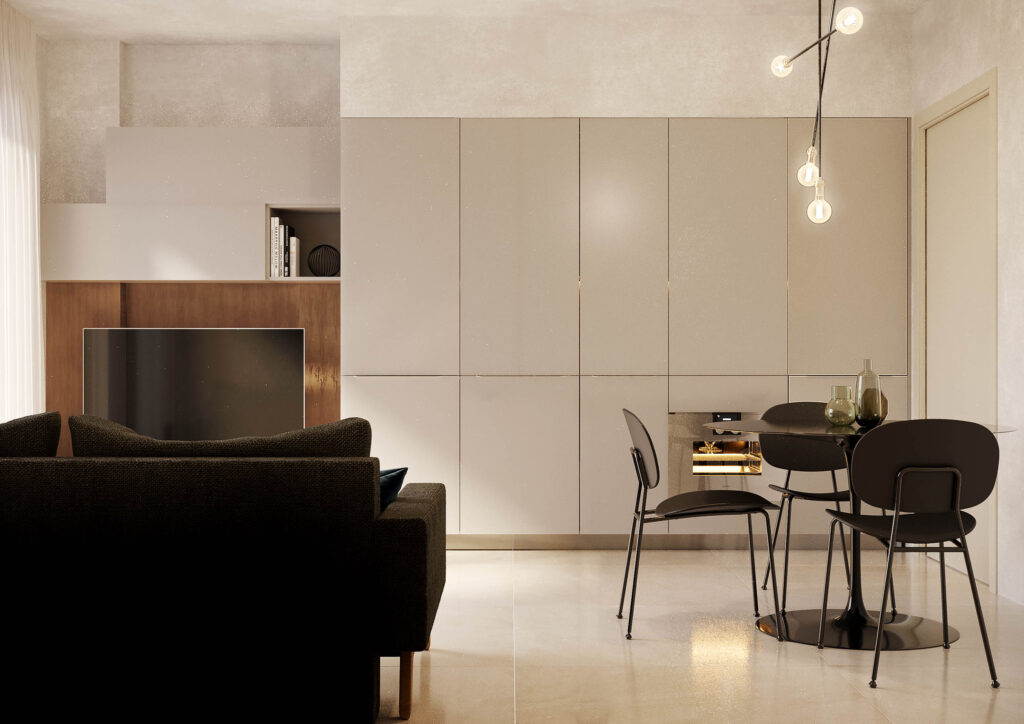 progettazione interior design living piccolo appartamento con cucina chiusa