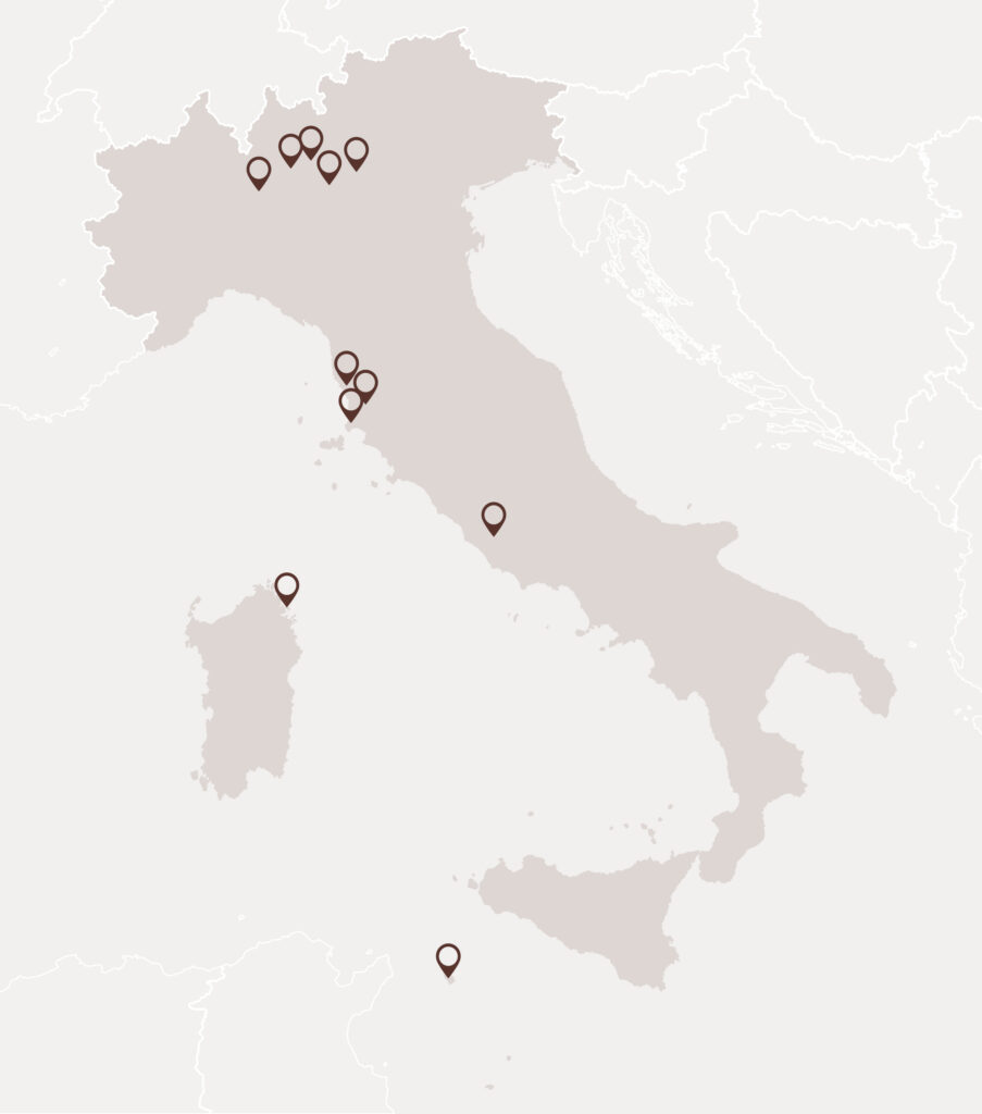 Mappa dell'italia con indicato dove rossana pedrali ha lavorato